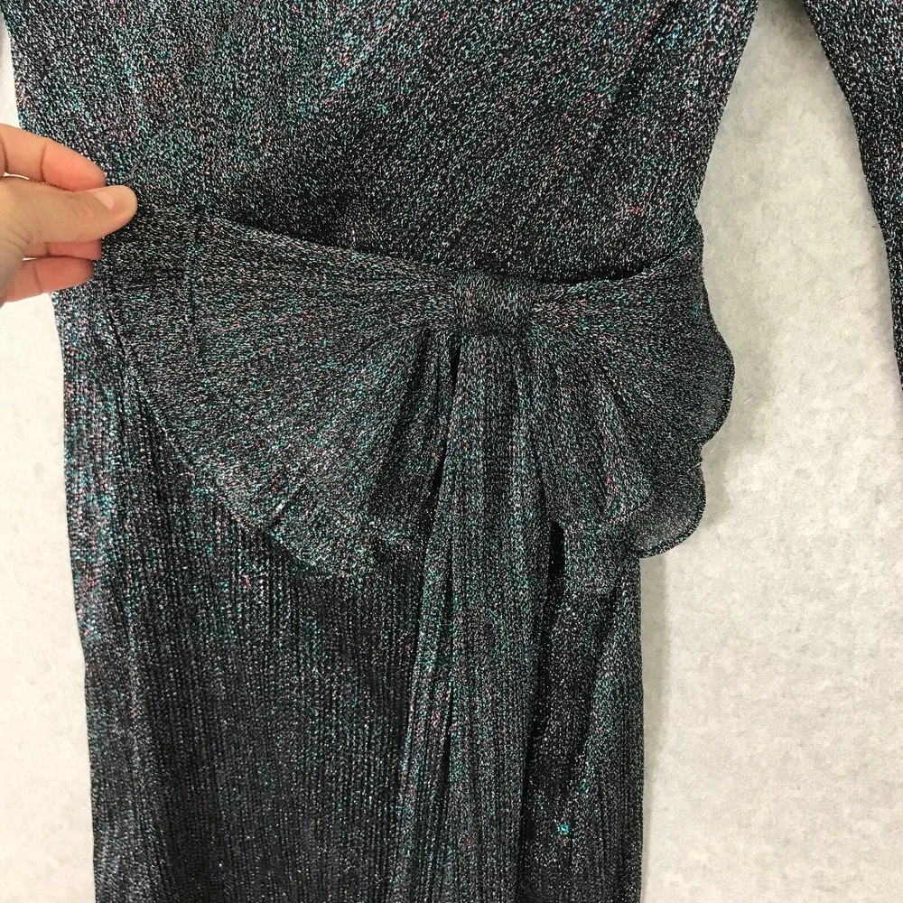 Aidan Mattox Teal‎ Metallic Wrap Dress Size 4 Bow Shimmer Party NYE Holiday Glam - Picture 5 of 16